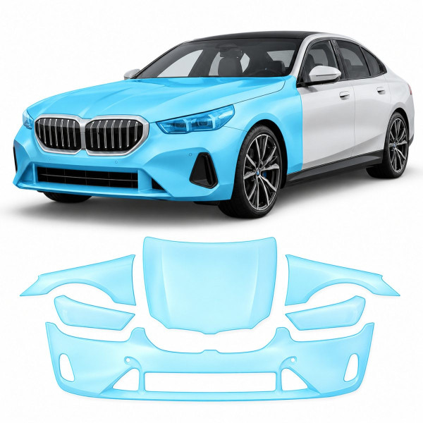 Антигравийная защитная бронепленка по лекалам для BMW 5 Series G60 2023- передняя часть авто (капот бампер фары крылья)