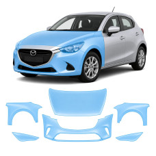 Антигравийная защитная бронепленка по лекалам для Mazda Mazda2 DJ 2014-2019 - передняя часть авто (капот бампер фары крылья)
