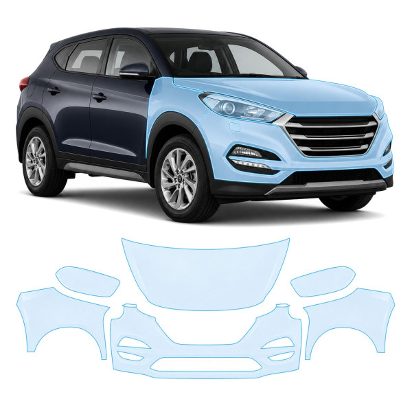 Антигравийная защитная бронепленка по лекалам для Hyundai Tucson TL 2015-2018 - передняя часть авто (капот бампер фары крылья)