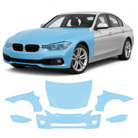 Антигравийная защитная бронепленка по лекалам для BMW 3 Series F30 facelift 2015-2019 - передняя часть авто (капот бампер фары крылья)