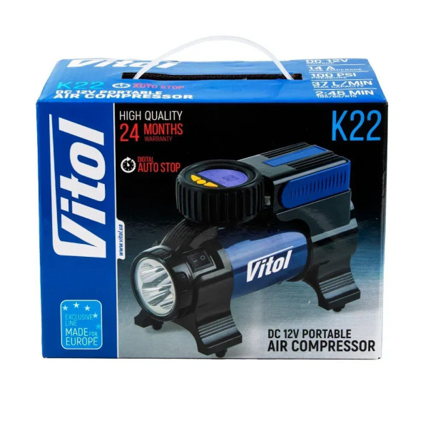 Автомобільний компресор Vitol 100psi 14Amp 37л Ліхтар Автостоп прикурювач (K-22)