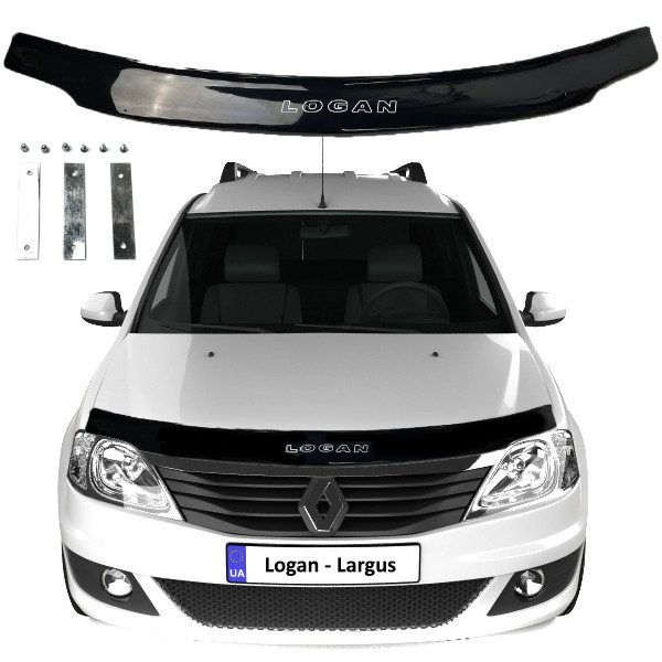 Дефлектор капота мухобойка Renault Logan I 2004-2012 Крепление пластины и скотч Voron Glass
