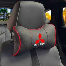 Подушка на підголівник з логотипом Mitsubishi Екошкіра 3D Кольоровий лого Чорна-Червоний кант 1 шт