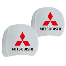 Чехлы для подголовников Универсальные Mitsubishi Белые Цветной логотип 2 шт