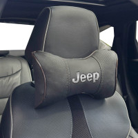 Подушка на підголівник з логотипом Jeep Екошкіра 3D Кольоровий лого Чорні-Коричневий кант 1 шт