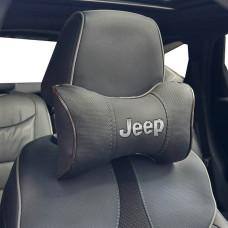 Подушка на підголівник з логотипом Jeep Екошкіра 3D Кольоровий лого Чорні-Коричневий кант 1 шт