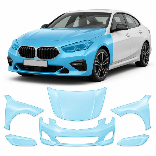 Антигравийная защитная бронепленка по лекалам для BMW 2 Series Gran Coupe F44 2019-2024 - передняя часть авто (капот бампер фары крылья)