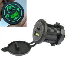 Гніздо під штекер прикурювача врізне з кришкою 1 USB 1 Type-C QC 3.0 PD DC 12-24V 5V Підсвічування Зелена (A93B)