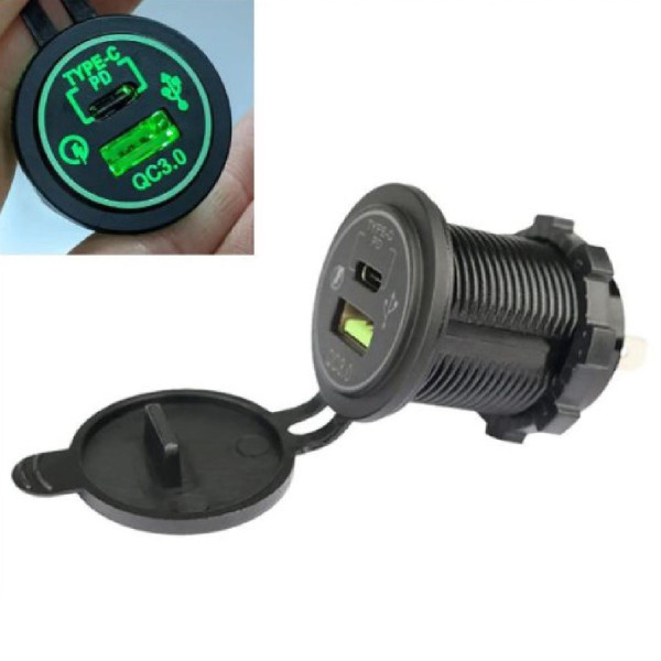 Гніздо під штекер прикурювача врізне з кришкою 1 USB 1 Type-C QC 3.0 PD DC 12-24V 5V Підсвічування Зелена (A93B)