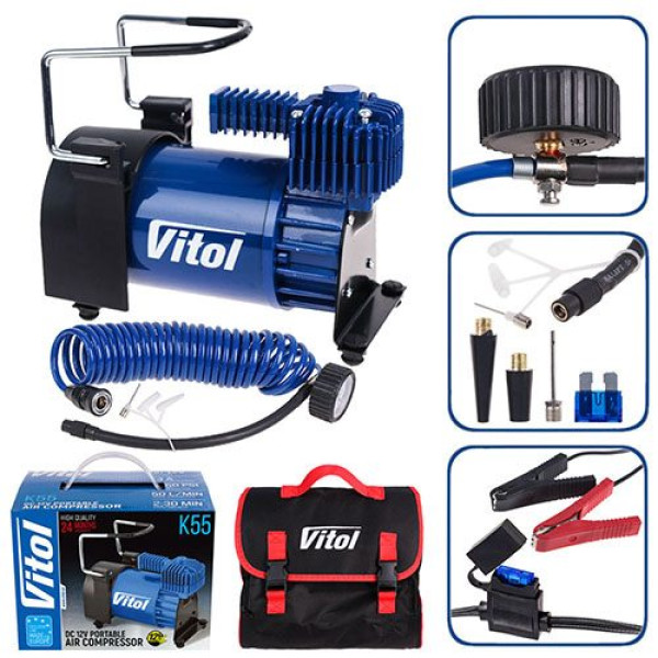 Автомобільний компресор Vitol 150psi 23Amp 50л шланг 5,0м R15-R18 з дефлятором клеми (K-55)