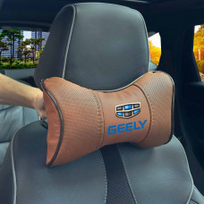 Подушка на подголовник с логотипом Geely Экокожа 3D Цветной лого Коричневые-Коричневый кант 1 шт