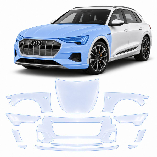 Антигравийная защитная бронепленка по лекалам для Audi e-tron GE 2019-2022 - передняя часть авто (капот бампер фары крылья)