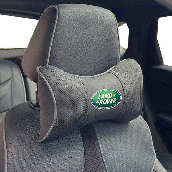 Подушка на підголівник з логотипом Land Rover Екошкіра 3D Кольоровий лого Чорна-Сірий кант 1 шт