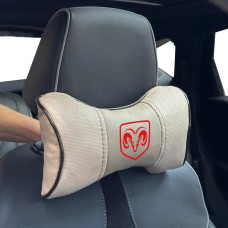 Подушка на подголовник с логотипом Dodge Экокожа 3D Цветной лого Бежевая-Коричневый кант 1 шт