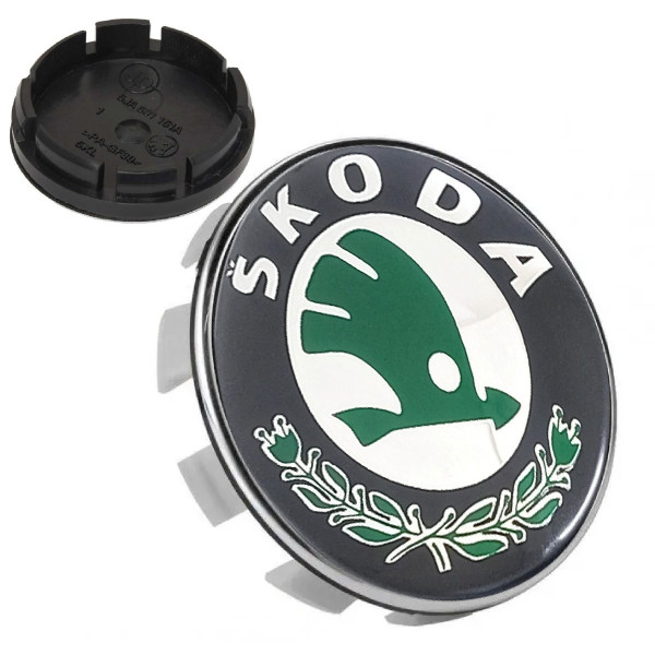 Колпачки на титаны Skoda 56 / 52 мм объемный Зеленый логотип 1 шт (1J0601171)
