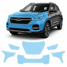 Антигравийная защитная бронепленка по лекалам для Chery Tiggo 4 I 2017-2022 - передняя часть авто (капот бампер фары крылья)