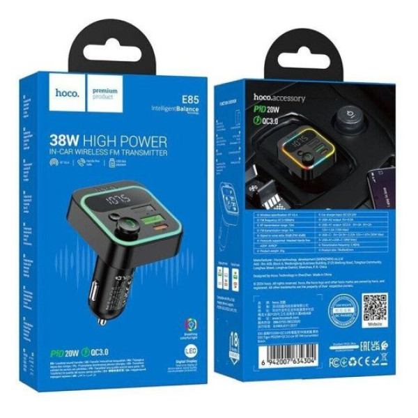 Автомобільний FM модулятор (трансмітер) Hoco E86 2хUSB Type-C PD48W + QC3.0