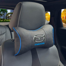 Подушка на підголівник з логотипом Mazda Екошкіра 3D Кольоровий лого Чорна-Синій кант 1 шт