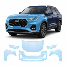 Антигравийная защитная бронепленка по лекалам для Chery Tiggo 8 Pro I facelift 2023- передняя часть авто (капот бампер фары крылья)