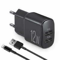 Сетевое зарядное устройство Brevia ePower 12W 2xUSB-A + кабель USB-A to Lightning 1м черный 45012DULB