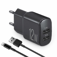 Сетевое зарядное устройство Brevia ePower 12W 2xUSB-A + кабель USB-A to Lightning 1м черный 45012DULB