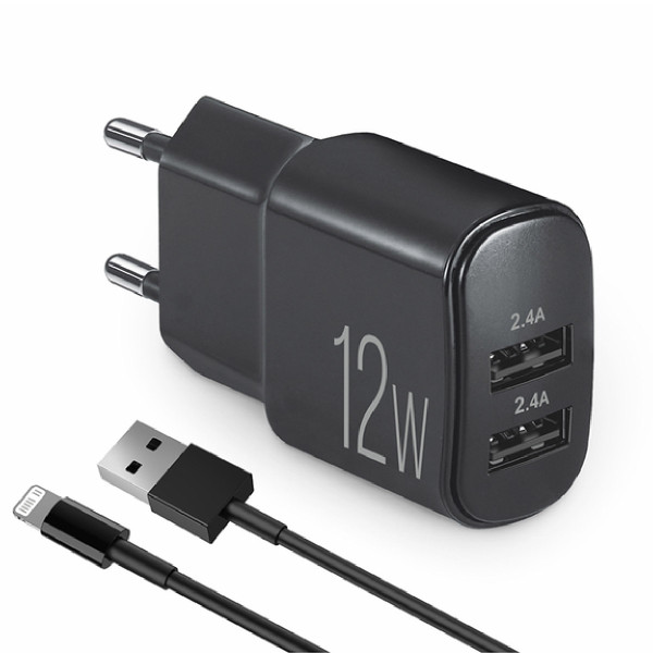 Сетевое зарядное устройство Brevia ePower 12W 2xUSB-A + кабель USB-A to Lightning 1м черный 45012DULB