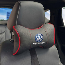 Подушка на підголівник з логотипом Volkswagen Екошкіра 3D Кольоровий лого Чорна-Червоний кант 1 шт