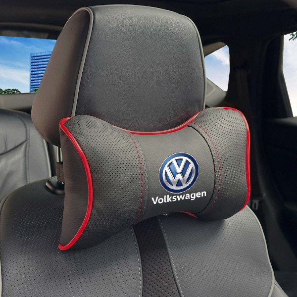 Подушка на подголовник с логотипом Volkswagen Экокожа 3D Цветной лого Черная-Красный кант 1 шт