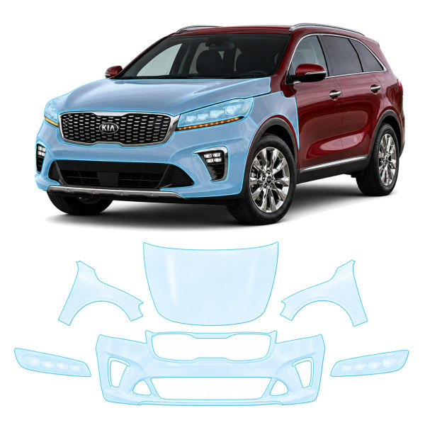 Антигравийная защитная бронепленка по лекалам для Kia Sorento UM facelift 2018-2020 - передняя часть авто (капот бампер фары крылья)