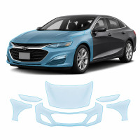 Антигравийная защитная бронепленка по лекалам для Chevrolet Malibu IX facelift 2019-2024 - передняя часть авто (капот бампер фары крылья)