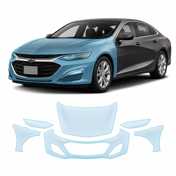 Антигравийная защитная бронепленка по лекалам для Chevrolet Malibu IX facelift 2019-2024 - передняя часть авто (капот бампер фары крылья)