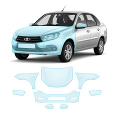 Антигравийная защитная бронепленка по лекалам для LADA Granta 2190 facelift 2018-2022 - передняя часть авто (капот бампер фары крылья)