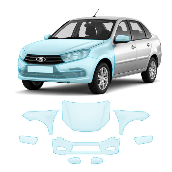 Антигравийная защитная бронепленка по лекалам для LADA Granta 2190 facelift 2018-2022 - передняя часть авто (капот бампер фары крылья)