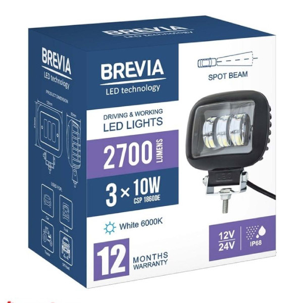 LED фара Brevia Sport Далеке світло 10-30V 30W 2700Lm Алюмінієвий корпус IP68 (10660QLX1)