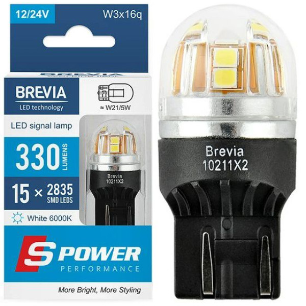 LED автолампа Brevia Spower 12/24V W21/5W 15x2835SMD 330Lm 6000K Оригінал CANbus W3x16q 2 шт (10211X2)