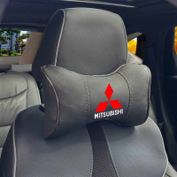 Подушка на підголівник з логотипом Mitsubishi Екошкіра 3D Кольоровий лого Чорна-Коричневий кант 1 шт
