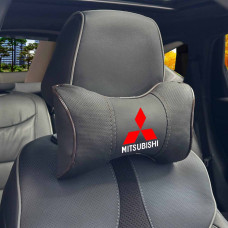 Подушка на підголівник з логотипом Mitsubishi Екошкіра 3D Кольоровий лого Чорна-Коричневий кант 1 шт