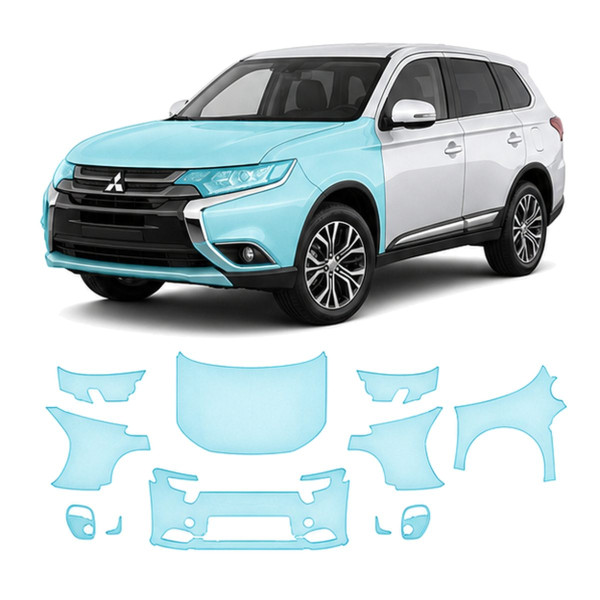 Антигравийная защитная бронепленка по лекалам для Mitsubishi Outlander GG facelift 2015-2021 - передняя часть авто (капот бампер фары крылья)