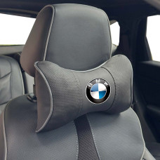 Подушка на підголівник з логотипом BMW Екошкіра 3D Кольоровий лого Чорні-Сірий кант 1 шт