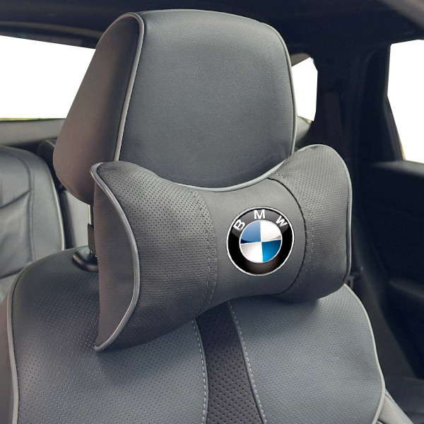 Подушка на подголовник с логотипом Bmw Экокожа 3D Цветной лого Черные-Серый кант 1 шт