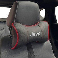 Подушка на підголівник з логотипом Jeep Екошкіра 3D Кольоровий лого Чорні-Червоний кант 1 шт