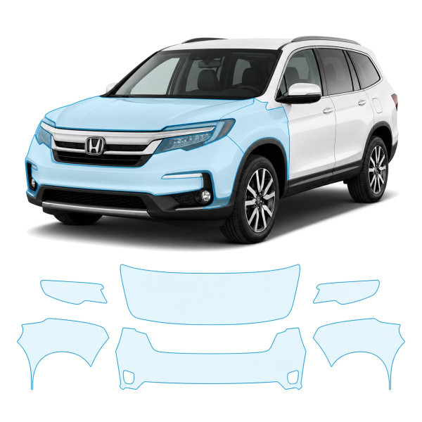 Антигравийная защитная бронепленка по лекалам для Honda Pilot III facelift 2019-2022 - передняя часть авто (капот бампер фары крылья)