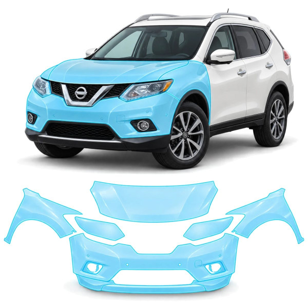 Антигравийная защитная бронепленка по лекалам для Nissan Rogue / X-Trail T32 2014-2017 - передняя часть авто (капот бампер фары крылья)