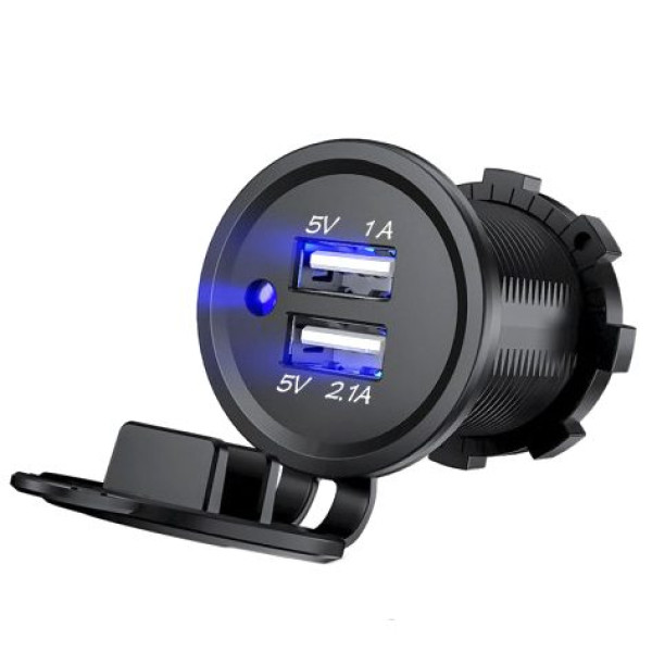 Гніздо прикурювача під 2 USB 12-24V 5V 2,1-1A Синій індикатор 1 шт