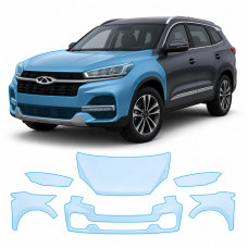 Антигравийная защитная бронепленка по лекалам для Chery Tiggo 8 I 2018-2020 - передняя часть авто (капот бампер фары крылья)
