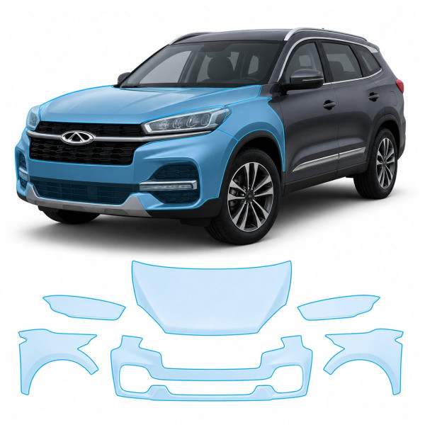 Антигравийная защитная бронепленка по лекалам для Chery Tiggo 8 I 2018-2020 - передняя часть авто (капот бампер фары крылья)
