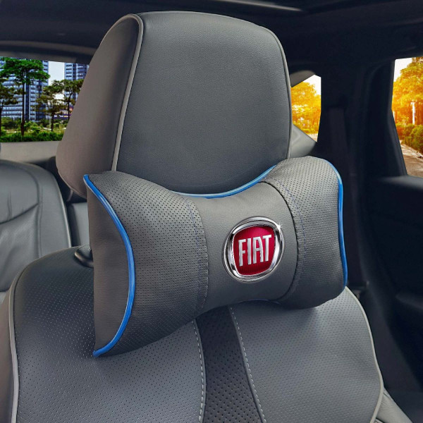 Подушка на подголовник с логотипом Fiat Экокожа 3D Цветной лого Черная-Синий кант 1 шт