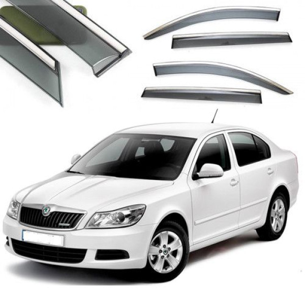 Дефлектори вікон вітровики Benke для Skoda Octavia A-5 Ліфтбек 2004-2014 Хром Молдинг Із Нержавіючої Сталі 3D