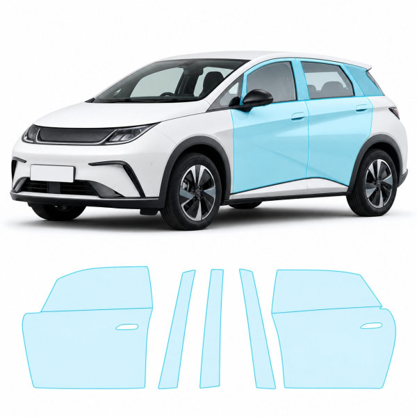 Антигравійна захисна бронеплівка за лекалами для BYD Dolphin I facelift 2025- зони дверей і стійки вікон