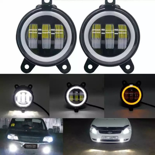 Протитуманні LED Фари круглі / Лінза з ДХО та поворотом / D87мм / 10-30V / 15W / 7000K / 2 шт